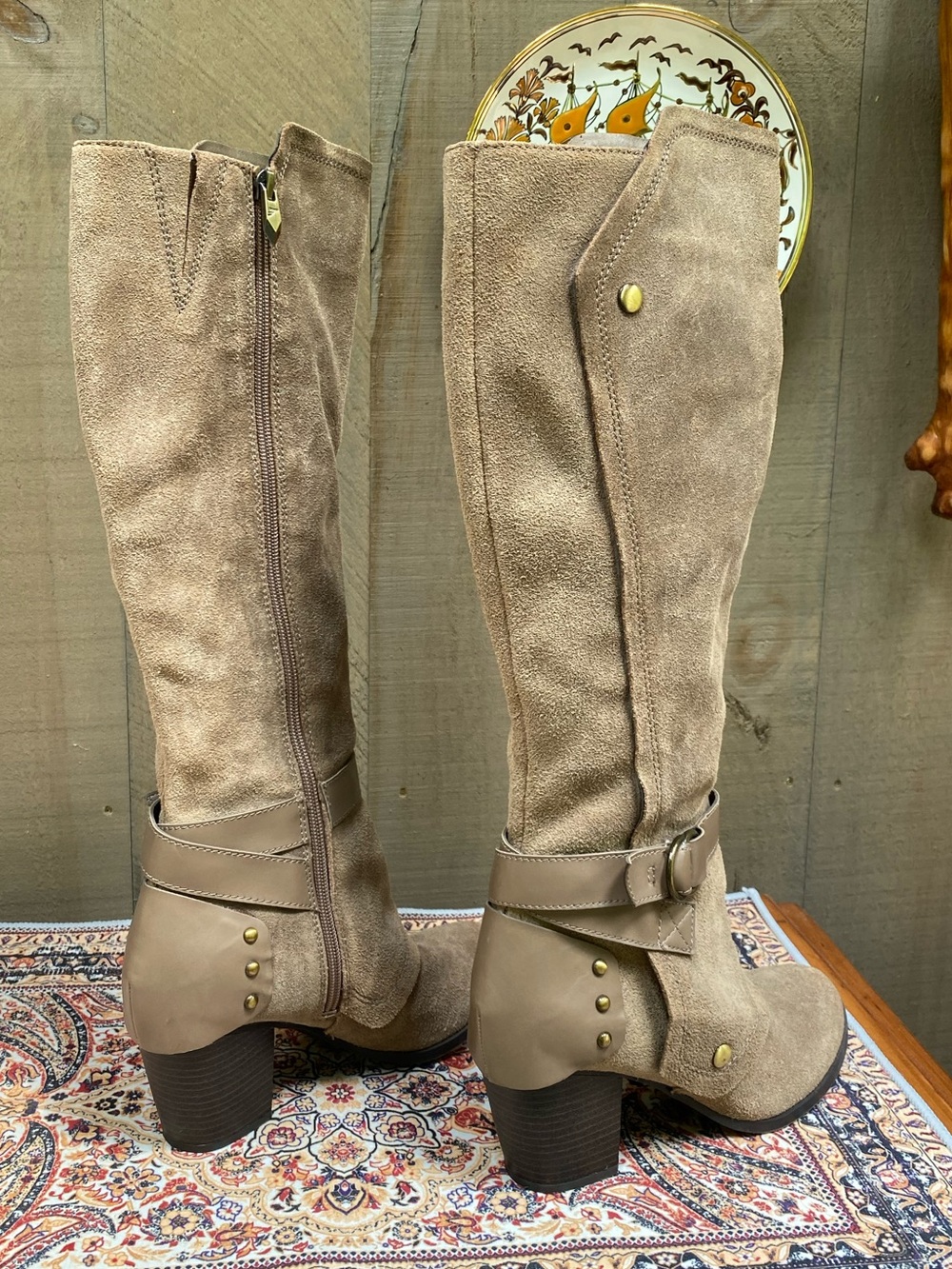 Fergie Taupe Suede Knee-High Block Heel Boots - Picture 3 of 14